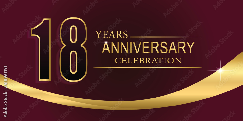 Obraz premium 18th Year anniversary celebration background. Golden lettering and a gold ribbon on dark background,vector design for celebration, invitation card, and greeting card.
