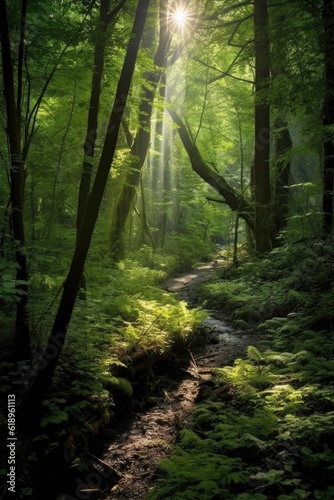 lush green forest with sunlight filtering through  created with generative ai