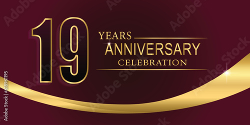 19th Year anniversary celebration background. Golden lettering and a gold ribbon on dark background,vector design for celebration, invitation card, and greeting card.