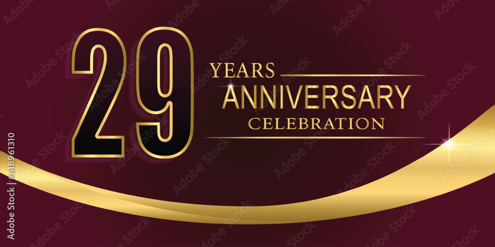 Obraz premium 29th Year anniversary celebration background. Golden lettering and a gold ribbon on dark background,vector design for celebration, invitation card, and greeting card.