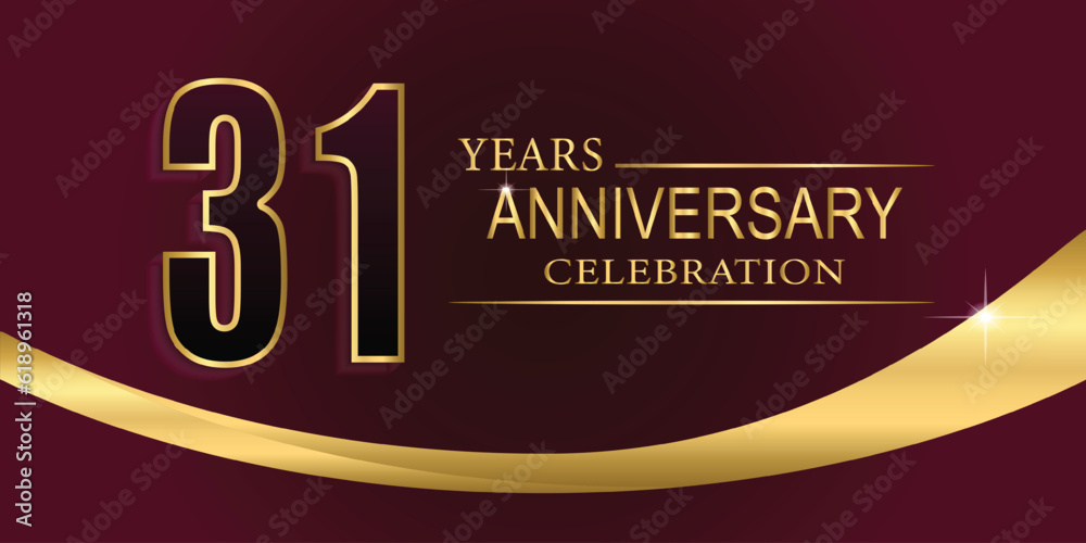 Obraz premium 31st Year anniversary celebration background. Golden lettering and a gold ribbon on dark background,vector design for celebration, invitation card, and greeting card.