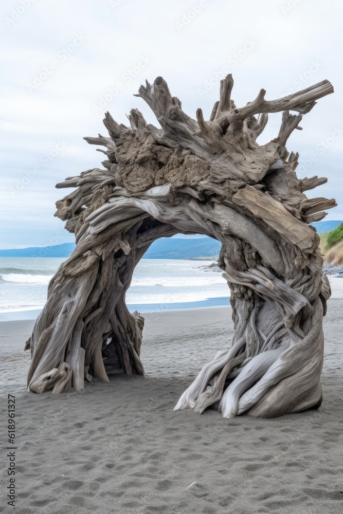 driftwood art installation on the beach with waves crashing, created with generative ai