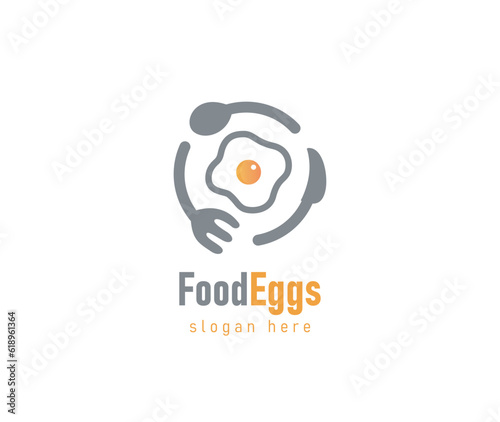 Love Eat logo. Cafe or restaurant emblem. Plate with fork, spoon and fried eggs 