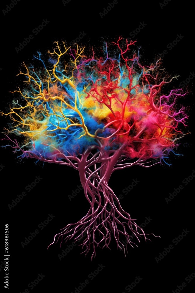 brain silhouette with multicolored neurons firing inside, created with generative ai