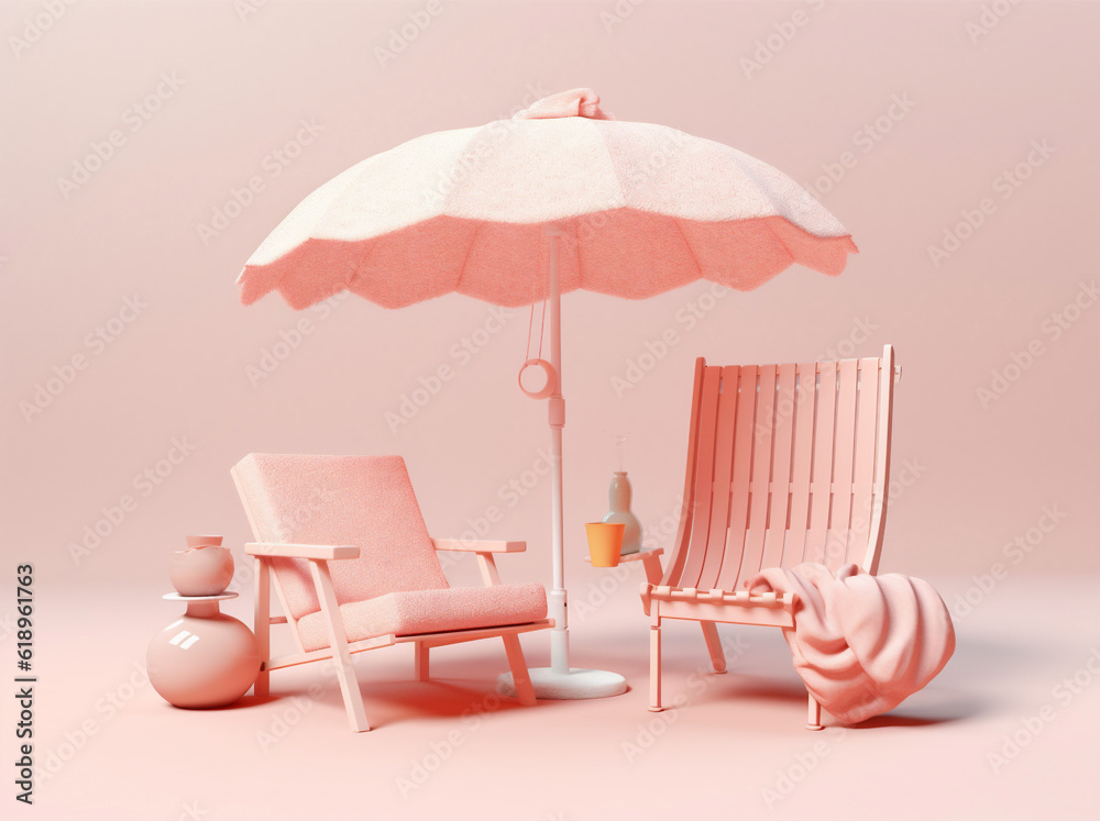 sand holiday sun umbrella vacation chair pink retro summer parasol. Generative AI.