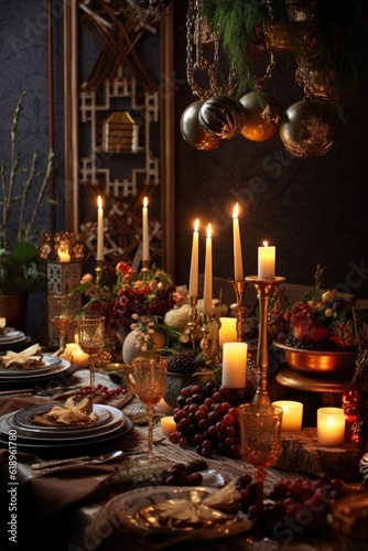 festive table setting with candles and holiday decor, created with generative ai © Alfazet Chronicles