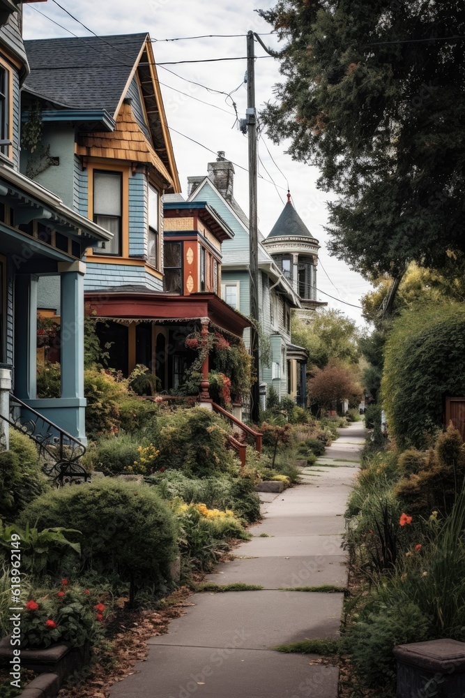neighborhood street with diverse architecture, created with generative ai neighborhood street with diverse architecture, created with generative ai
