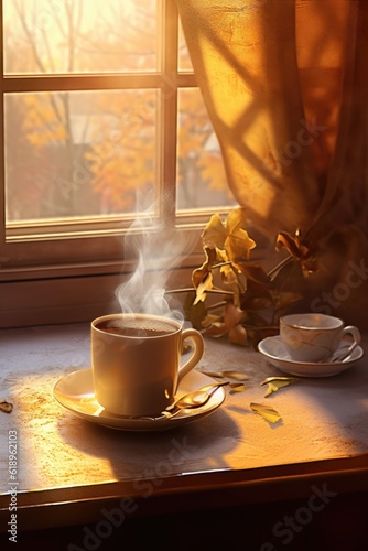 steaming cup of coffee with morning sunlight, created with generative ai