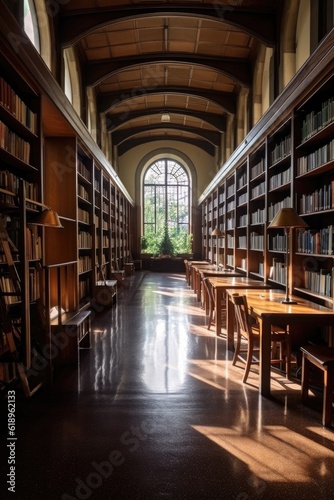 college library interior with bookshelves  created with generative ai