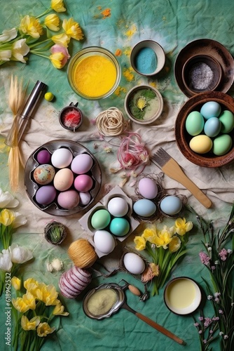 flat lay of easter decorations, candies, and egg-dyeing supplies, created with generative ai
