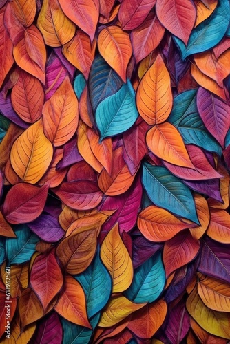 close-up of various fall leaves forming a colorful pattern, created with generative ai