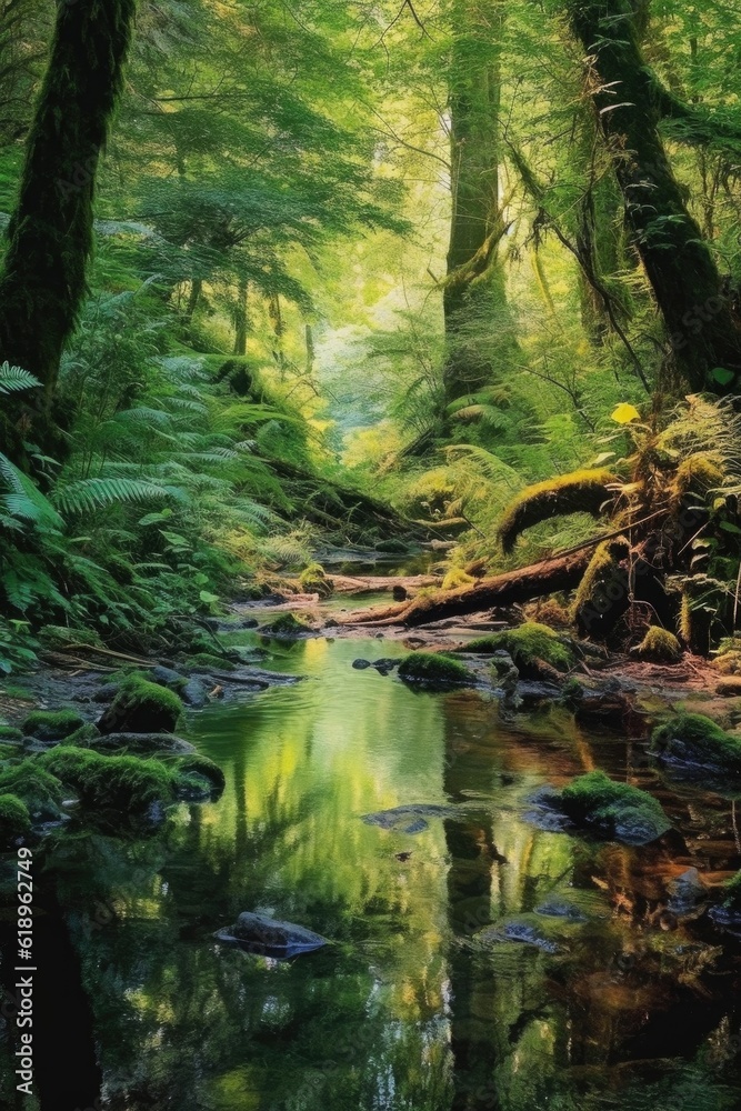tranquil forest stream surrounded by lush foliage, created with generative ai tranquil forest stream surrounded by lush foliage, created with generative ai