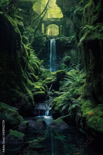 enchanting waterfall hidden deep in the woods, created with generative ai © Alfazet Chronicles