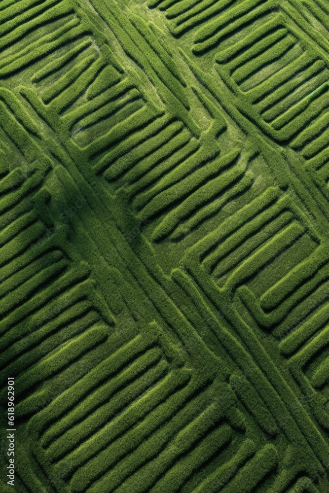Fototapeta premium aerial view of a lush grass field patterned with mowed lines, created with generative ai