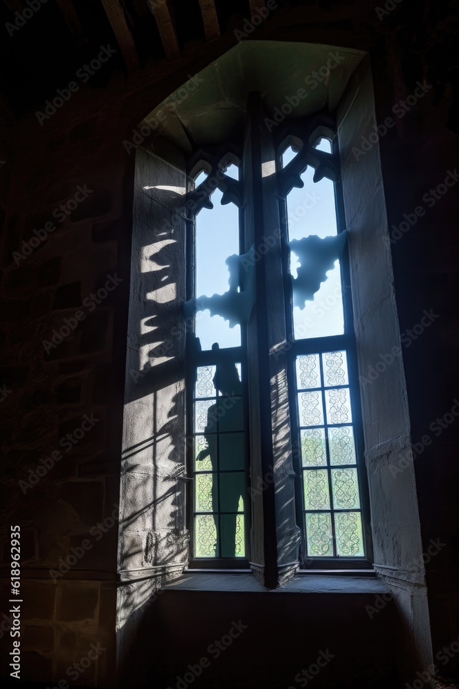 spooky ghost silhouette floating near a castle window, created with generative ai