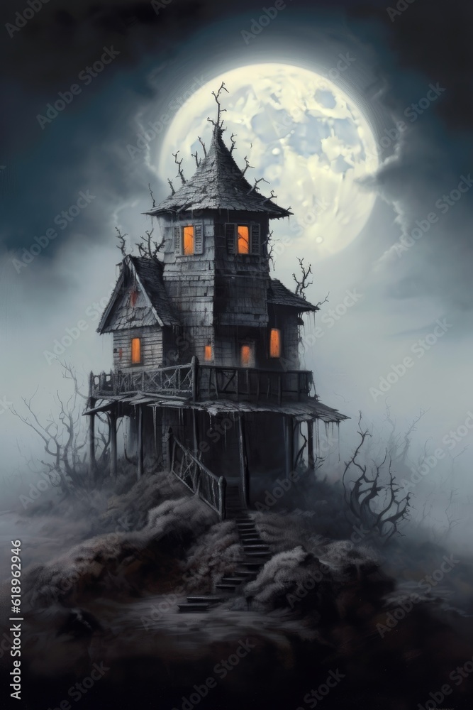spooky haunted house with fog and moonlit night, created with generative ai