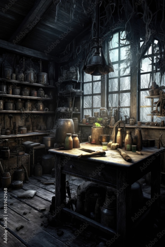 dark laboratory with bubbling potions and witchcraft tools, created with generative ai