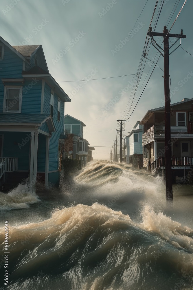storm surge flooding a coastal town during hurricane, created with ...
