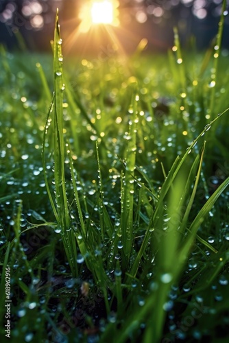 dewdrops on fresh green grass at sunrise  created with generative ai
