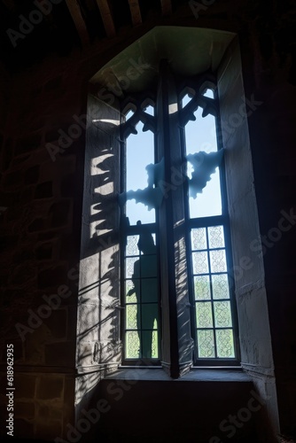 spooky ghost silhouette floating near a castle window  created with generative ai