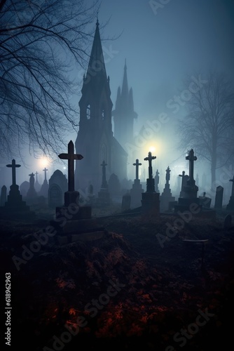 creepy graveyard with eerie fog at night, created with generative ai