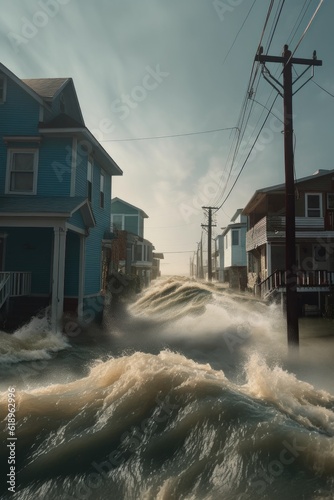 storm surge flooding a coastal town during hurricane, created with generative ai