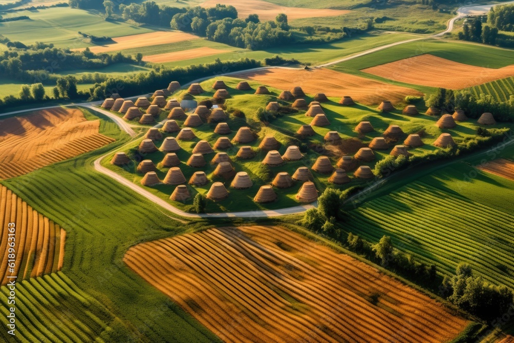 aerial view of beehive-like agricultural fields, created with generative ai