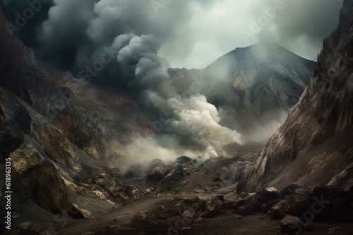 smoke and ash billowing from a volcanic crater, created with generative ai