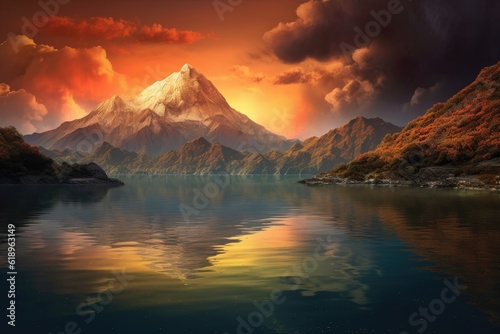 erupting volcano reflected in a calm nearby lake, created with generative ai © Alfazet Chronicles