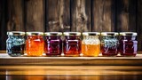 A row of glass jars filled with vibrant homemade jams on a rustic wooden background. Generative AI.