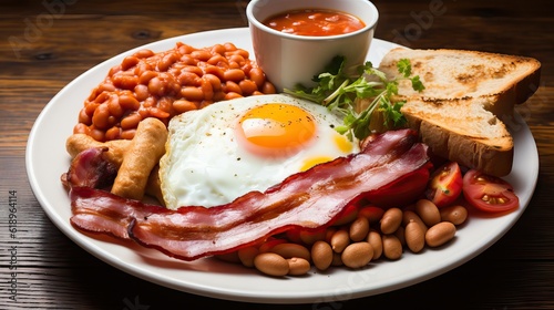 A traditional English breakfast with eggs, bacon, beans, and tomatoes served on a white plate. Generative AI.