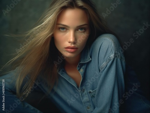 90s style portrait of beautiful female woman in denim for jeans brand advertising or nineties model magazine, generative ai