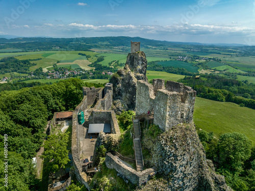 Aerial view of two tower medieval stronghold Trosky state castle in the Czech paradise