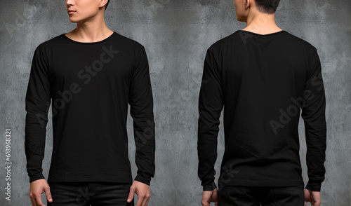 Man wearing a black T-shirt with long sleeves. Front and back view