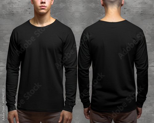 Man wearing a black T-shirt with long sleeves. Front and back view