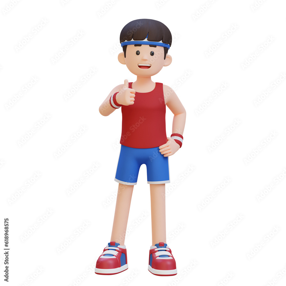 3D Sportsman Character Embracing a Positive Lifestyle with a Thumb Up Pose