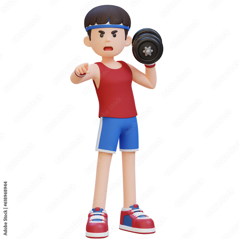 3D Screaming Sportsman Character Engaging Viewers While Holding Dumbbell