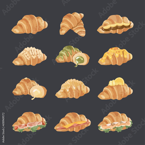 Set of croissant sandwiches in watercolor style vector illustration