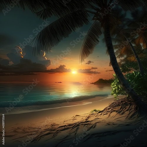 Sunset time on tropical beach and evening background. Generative ai.