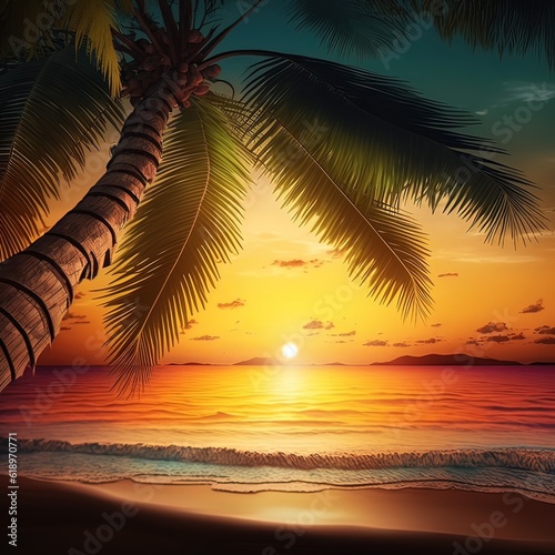 Sunset time on tropical beach and evening background. Generative ai. © MdTaher