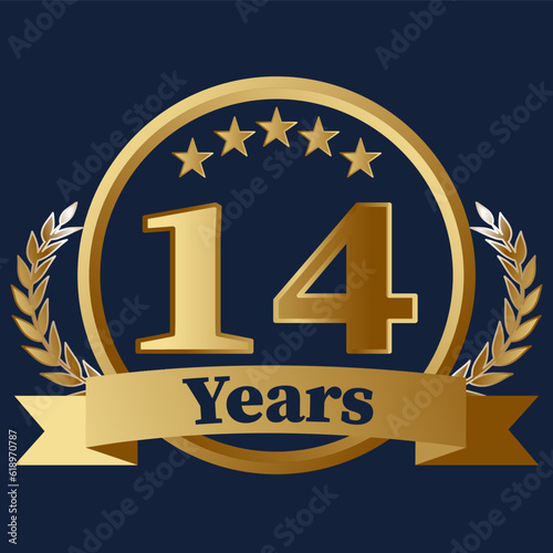 14 Years Anniversary on gold with stars and laurels