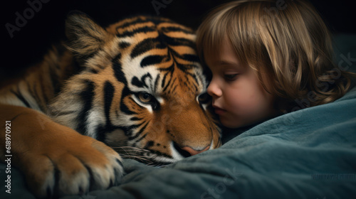 Toddler girl cuddling her pet saber tooth tiger