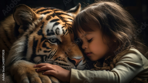 Toddler girl cuddling her pet saber tooth tiger