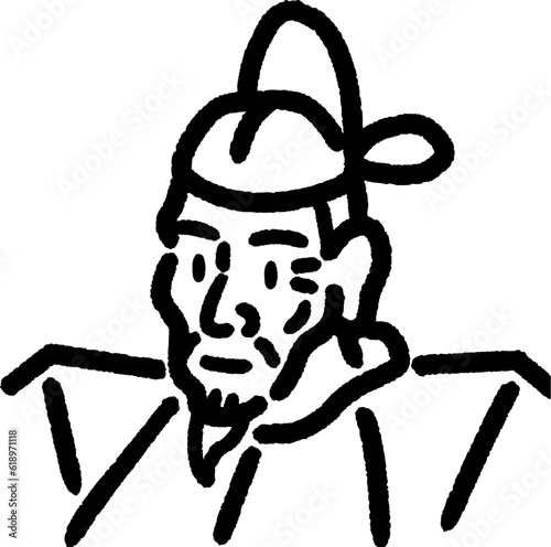 歴史の人物　豊臣秀吉のシンプル線画な上半身のモノクロイラスト似顔絵＿白黒
