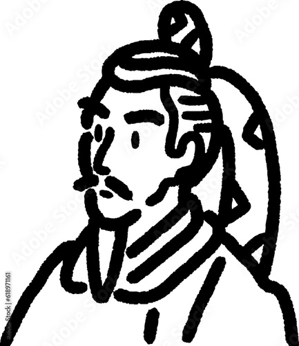 歴史の人物　仁徳天皇のシンプル線画の上半身のモノクロイラスト似顔絵＿白黒