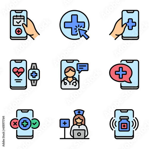 online healthcare color line icons set. heartbeat, pulse, nurse, hospital, icon set, health care, diagnosis, insurance, pharmacy and stethoscope