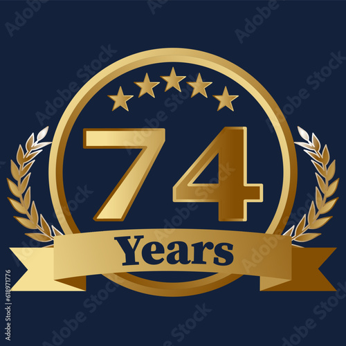 74 Years Anniversary on gold with stars and laurels