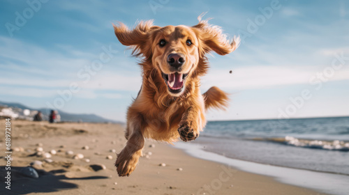 Close up photo of a Golden Retriever dog jumping to the beach