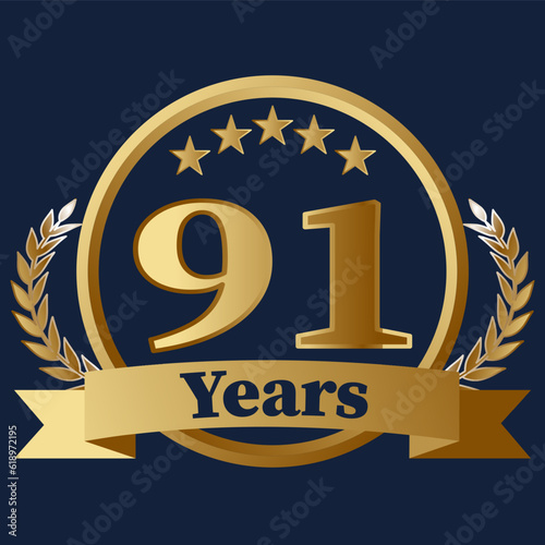 91 Years Anniversary on gold with stars and laurels