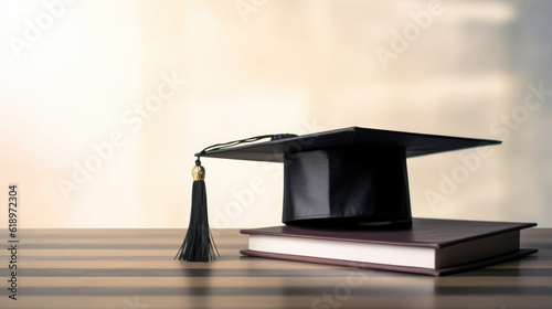 Graduate cap on a book on table in the library on blur background